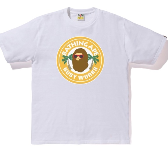 Bathing Ape White Short Sleeve T Shirt Busy Works  Logo Mens Size L like new - Picture 9 of 9